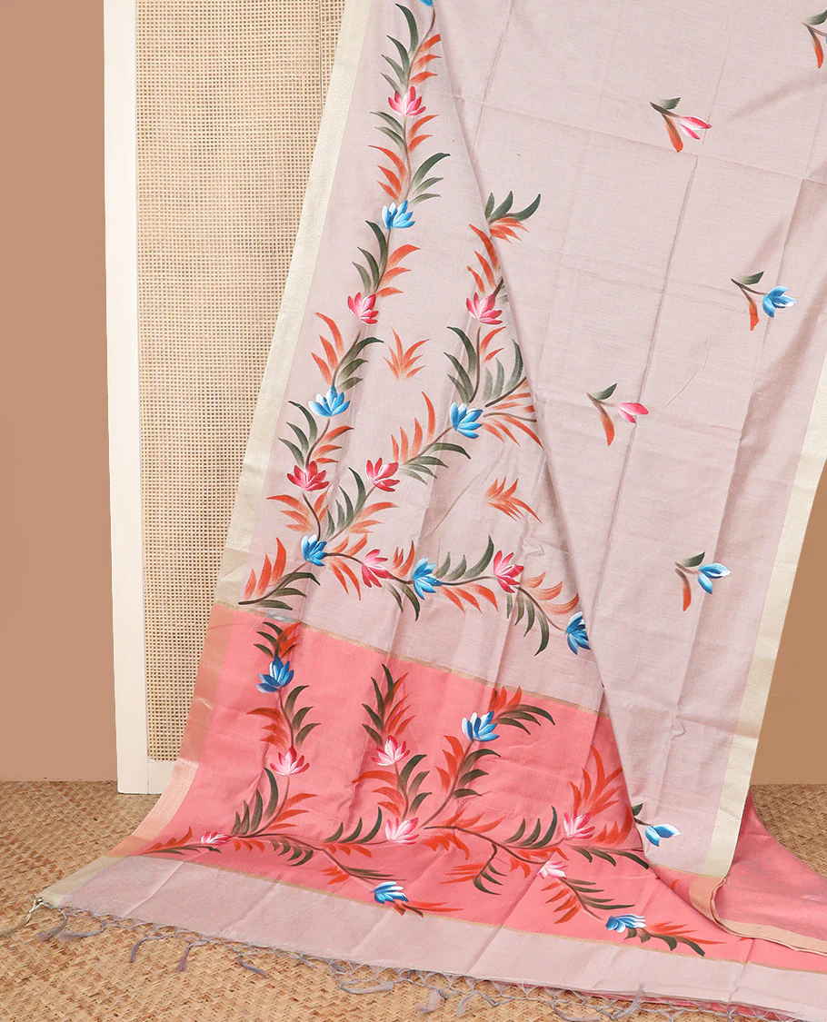 Grey hand brush painting style floral printed chirala cotton saree, plain border, and contrast floral printed pallu - Image 2