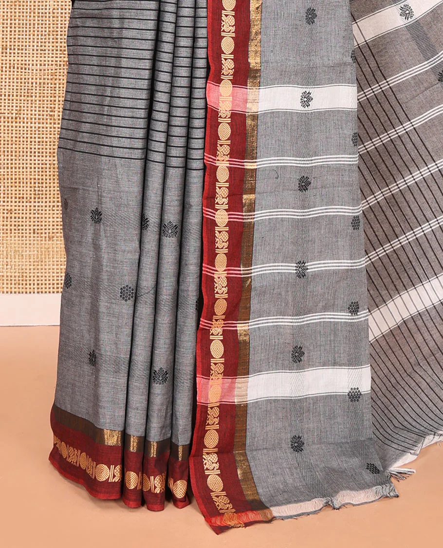 Grey horizontal stripes and velthari thread butta design chettinad cotton saree , contrast peacock , rudraksham border and lining chit pallu - Image 3
