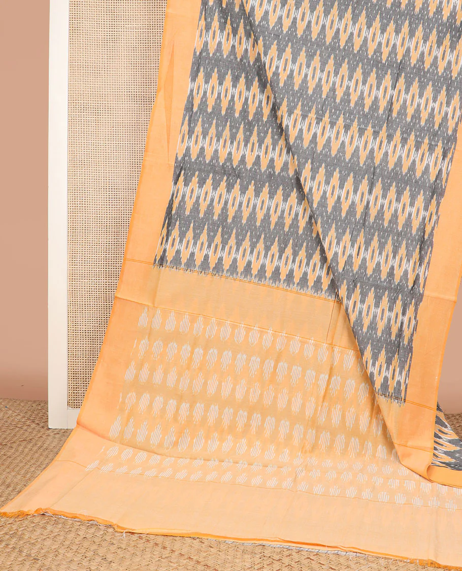 Grey Ikkat Cotton Saree Accentuated with Geometric Patterns in Hazily Ikkat Weave, Complemented by a Contrast Plain Border, and Pallu of Ikkat Patterns - Image 2
