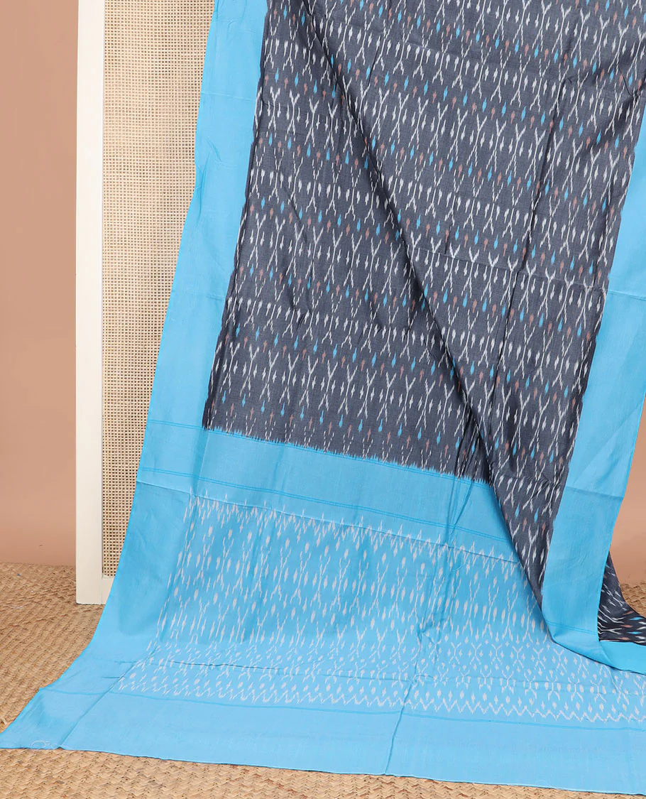 Grey Ikkat Cotton Saree Adorned with Ikkat Buttas, Complemented by a Contrast Plain Border, and Pallu of Ikkat Patterns - Image 2