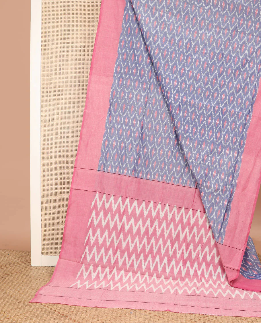 Grey Ikkat Cotton Saree Embellished with Ogee Patterns in Ikkat Weave, Complemented by a Contrast Plain Border, and Pallu Bedecked with Chevron Stripes - Image 2