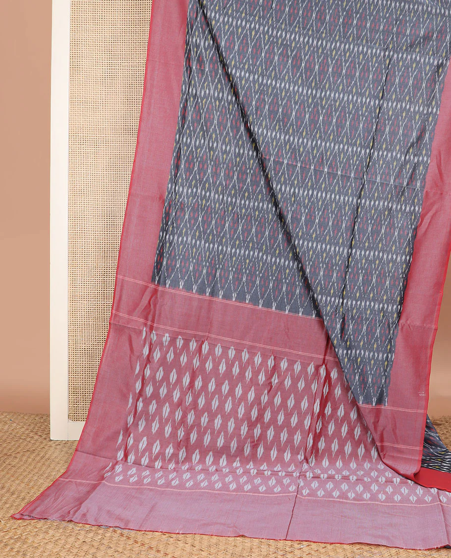 Grey Ikkat Cotton Saree Subtly Sparkled with Ikkat Buttas, Complemented by a Contrast Plain Border, and Pallu of Ikkat Patterns - Image 2