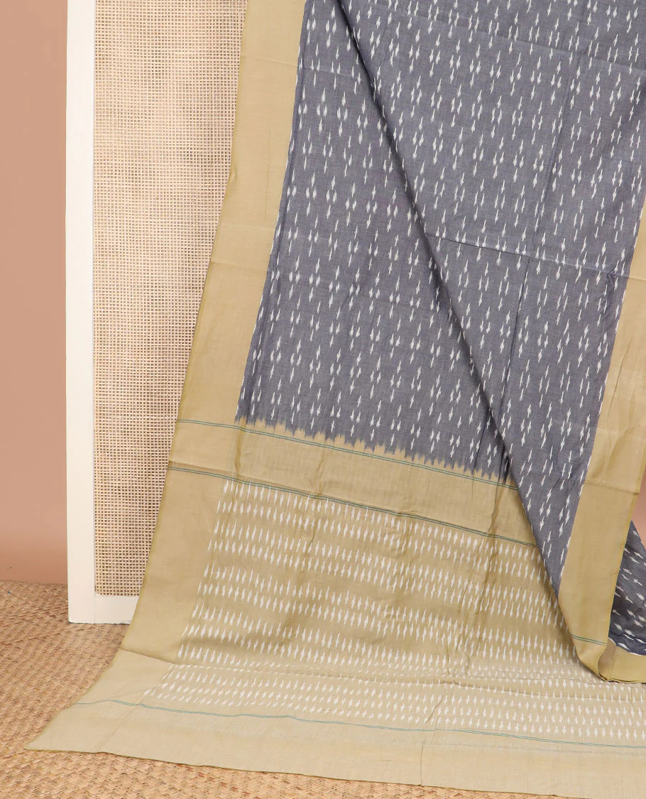 Grey Ikkat Cotton Saree Woven with Buttas in Ikkat Weave, Complemented by a Contrast Plain Border, and Pallu Featuring Ikkat Buttas - Image 2