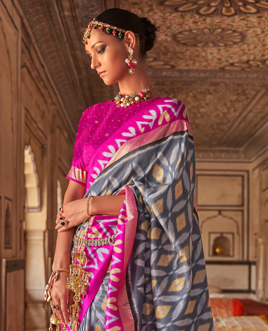 Grey ikkat jaal patterned fancy tussar designer catalog saree, contrast chevron ikkat border, and ikkat design pallu - Image 2