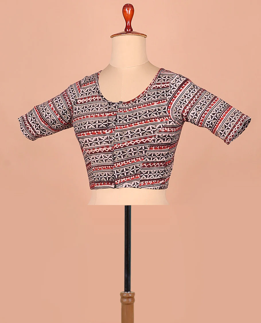 Grey ikkat printed front and back round neck elbow sleeve cotton readymade blouse