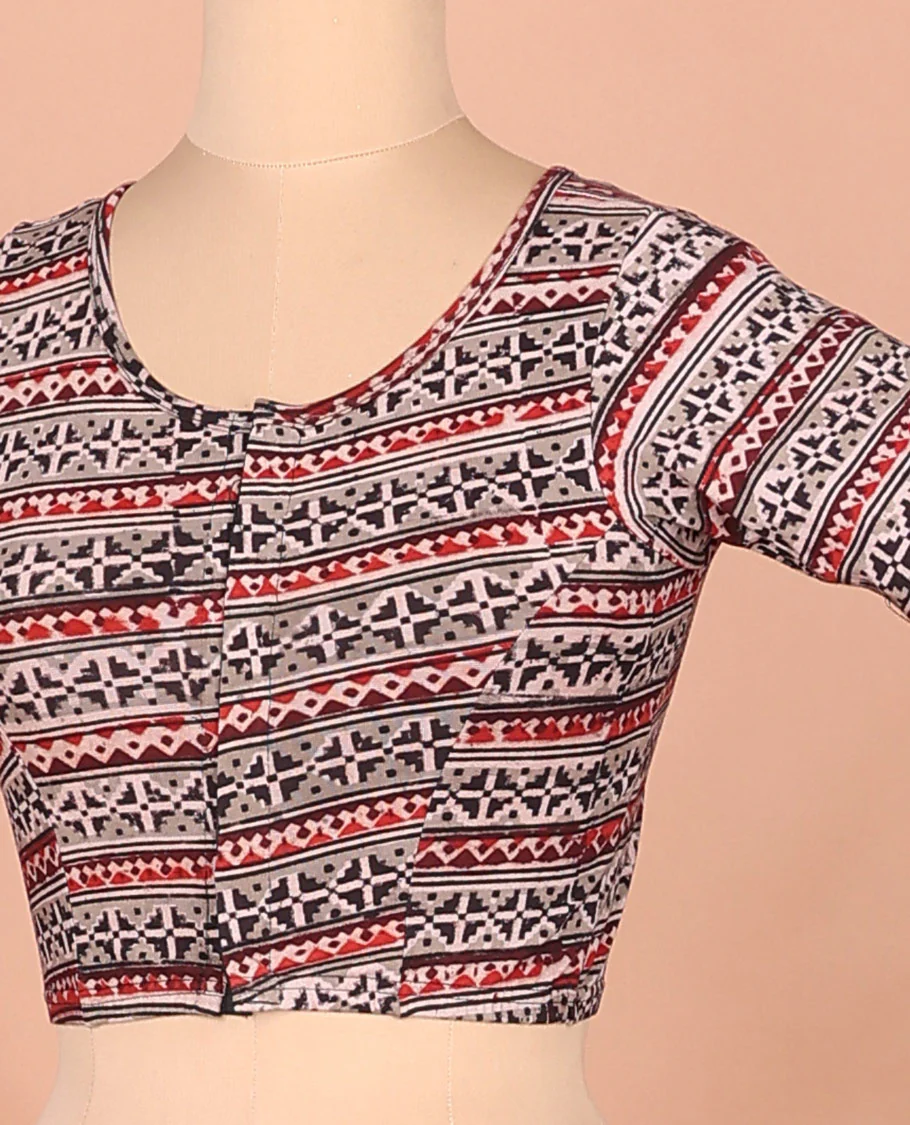 Grey ikkat printed front and back round neck elbow sleeve cotton readymade blouse - Image 2