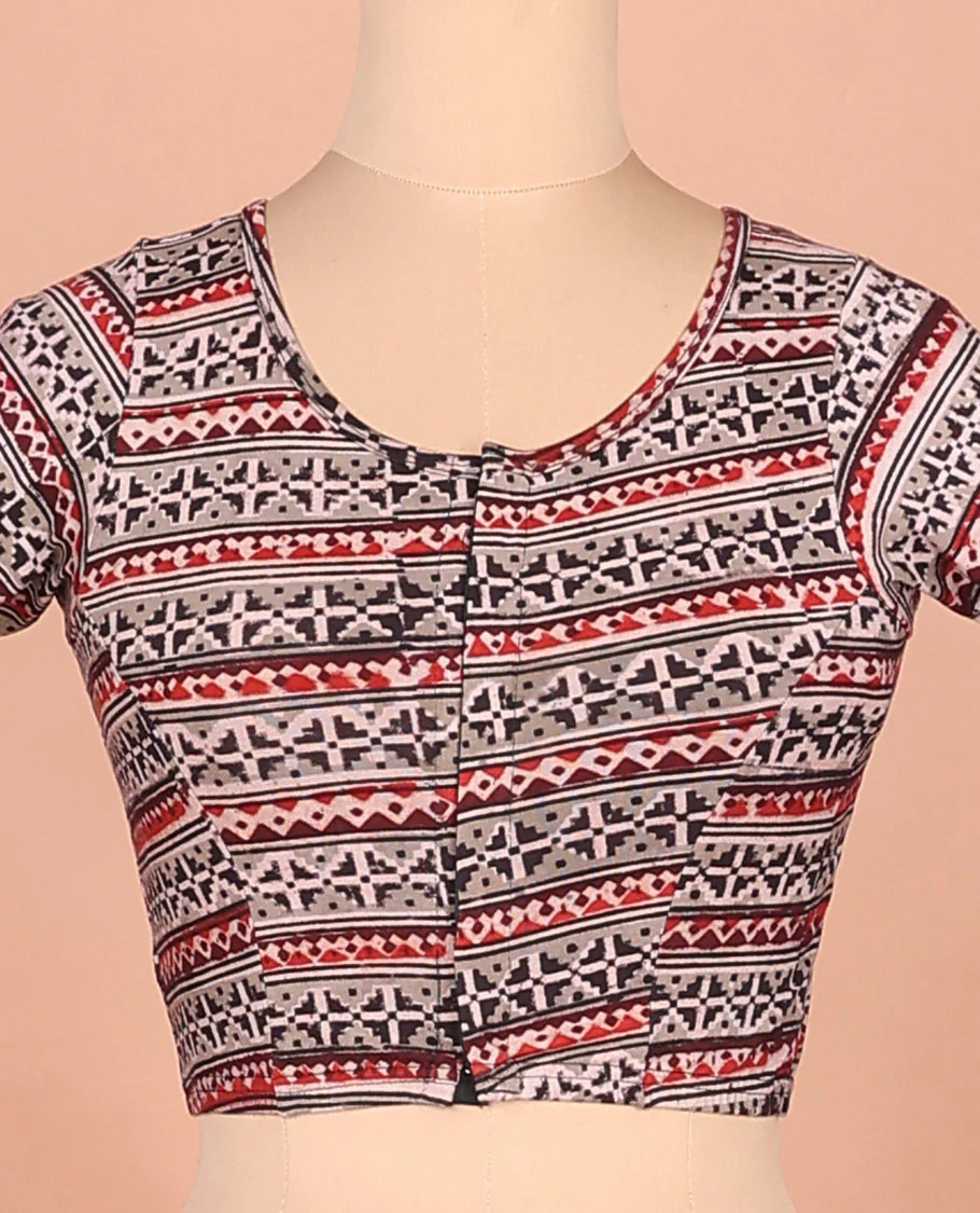 Grey ikkat printed front and back round neck elbow sleeve cotton readymade blouse - Image 3
