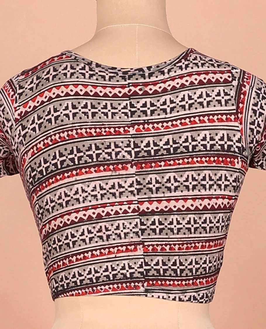 Grey ikkat printed front and back round neck elbow sleeve cotton readymade blouse - Image 4