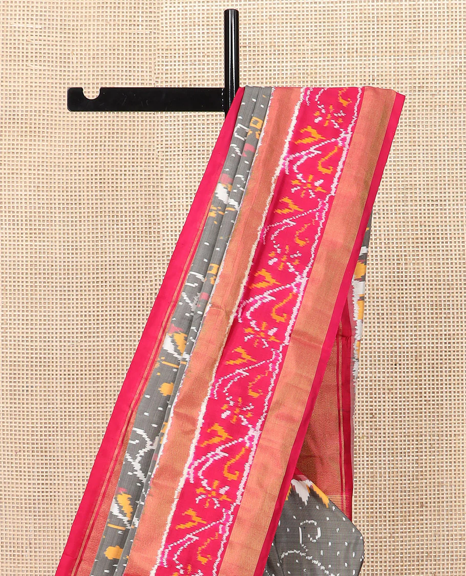 Grey Ikkat Silk Saree Decked Up with Elephant Motifs in Ikkat Weave, Complemented by a Contrast Temple Border, Pallu Woven in Intricate Ikkat Designs, and a Contrast Blouse - Image 3