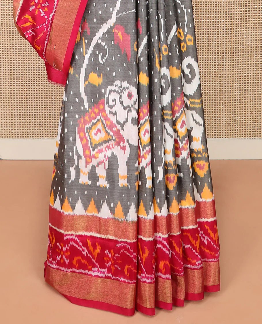 Grey Ikkat Silk Saree Decked Up with Elephant Motifs in Ikkat Weave, Complemented by a Contrast Temple Border, Pallu Woven in Intricate Ikkat Designs, and a Contrast Blouse - Image 4
