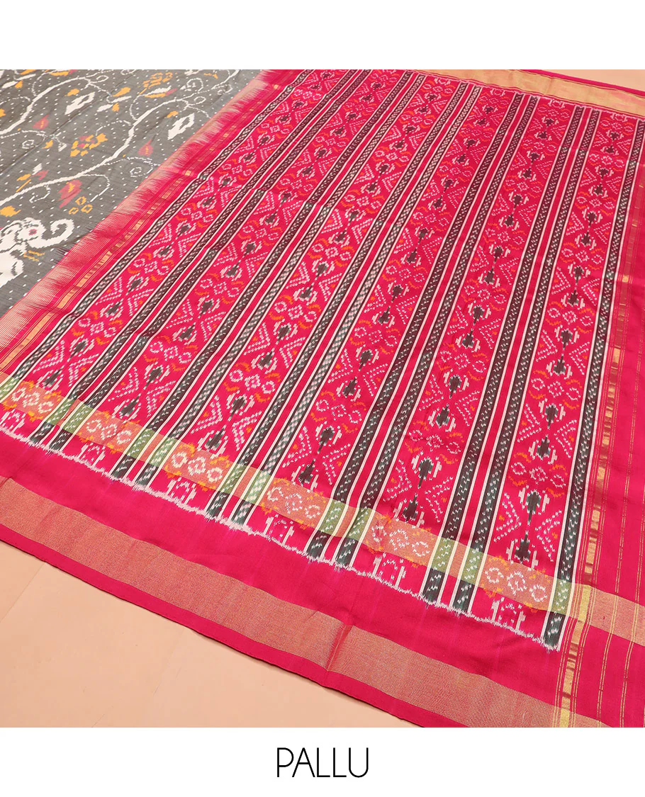 Grey Ikkat Silk Saree Decked Up with Elephant Motifs in Ikkat Weave, Complemented by a Contrast Temple Border, Pallu Woven in Intricate Ikkat Designs, and a Contrast Blouse - Image 5