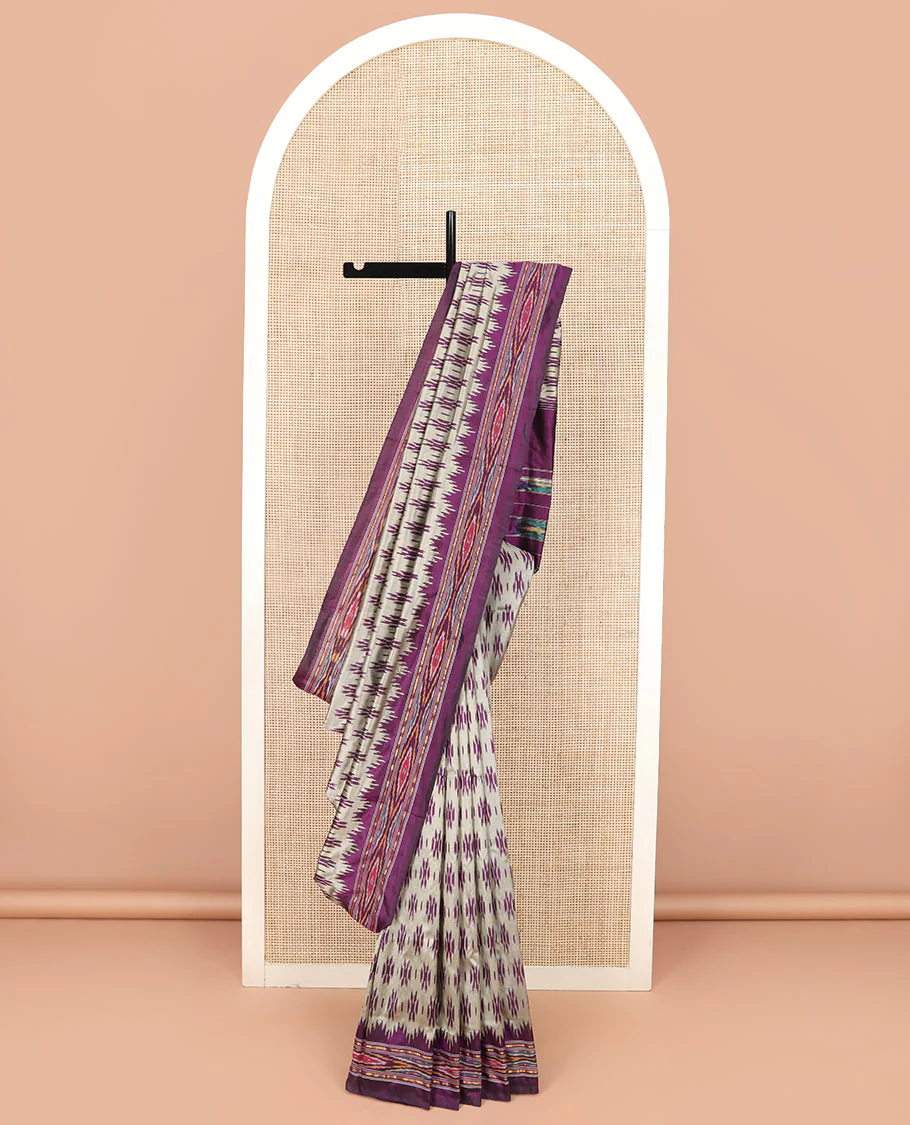 Grey Ikkat Silk Saree Highlighted with Ikkat Buttas, Featuring a Contrast Ikkat Temple Border in Ikkat Weave, and a Pallu Showcasing Ikkat Texture and Stripes - Image 2