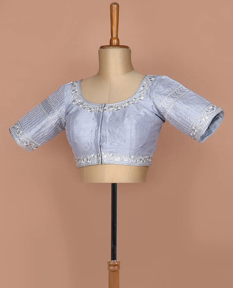 Grey intricately thread embroidered round neck elbow sleeve raw silk readymade blouse