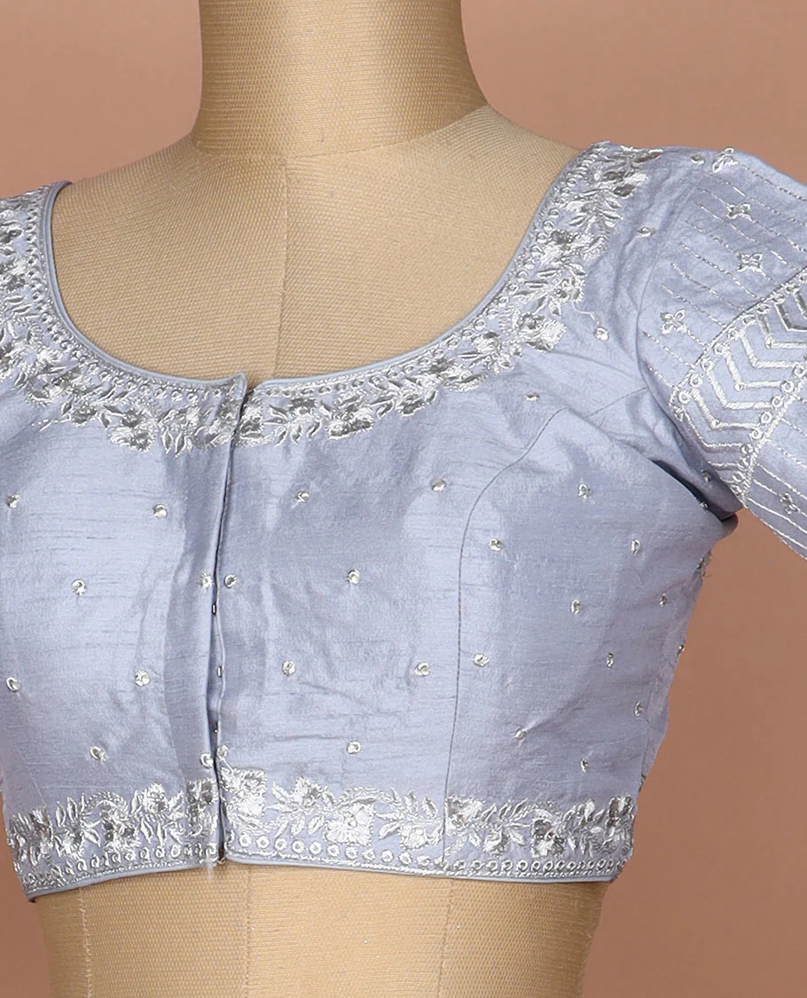 Grey intricately thread embroidered round neck elbow sleeve raw silk readymade blouse - Image 2