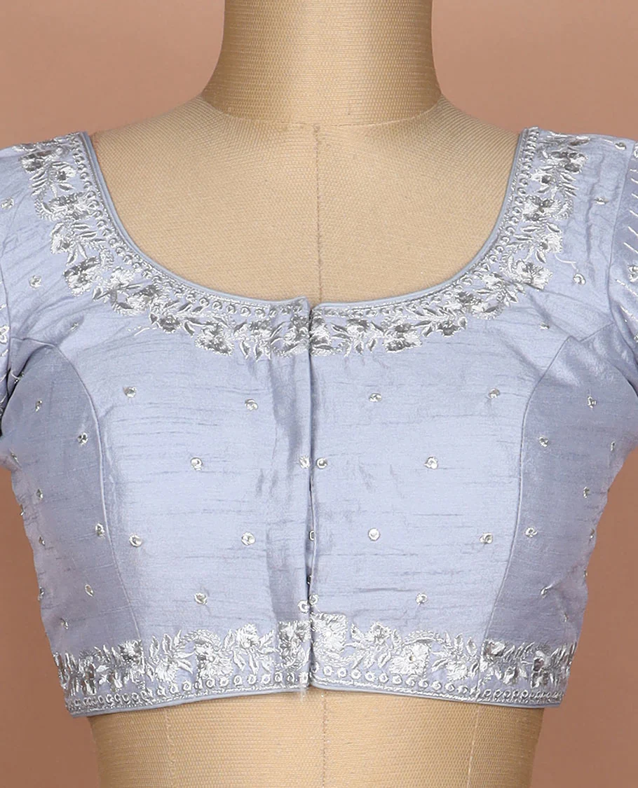 Grey intricately thread embroidered round neck elbow sleeve raw silk readymade blouse - Image 3