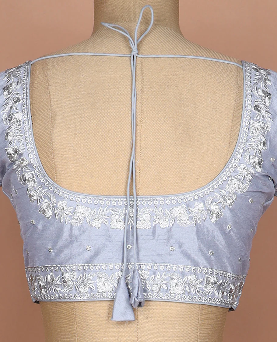 Grey intricately thread embroidered round neck elbow sleeve raw silk readymade blouse - Image 4