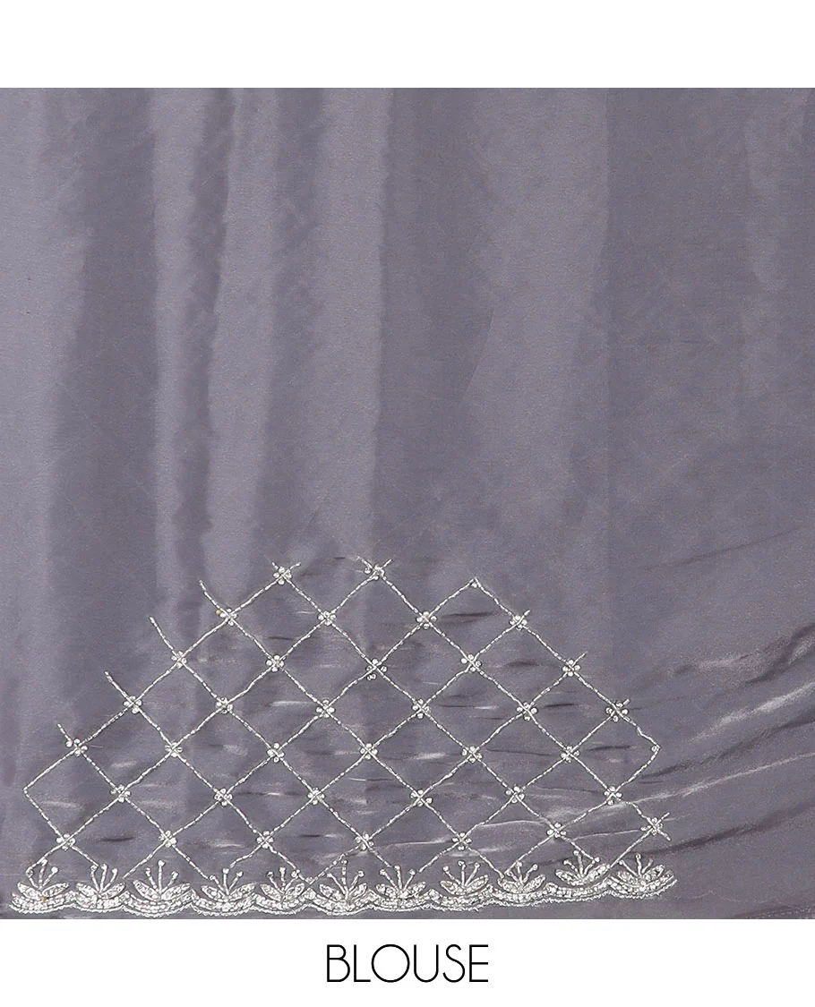 Grey jaal kardana embroidered designer saree, stone embroidered scallop border - Image 4