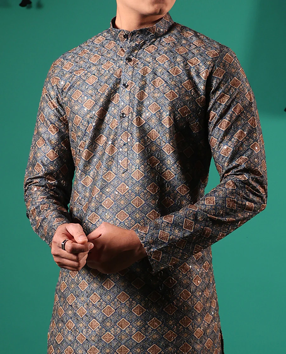 Grey jaal patterns printed with sequins embroidered full-sleeved men's kurta - Image 4