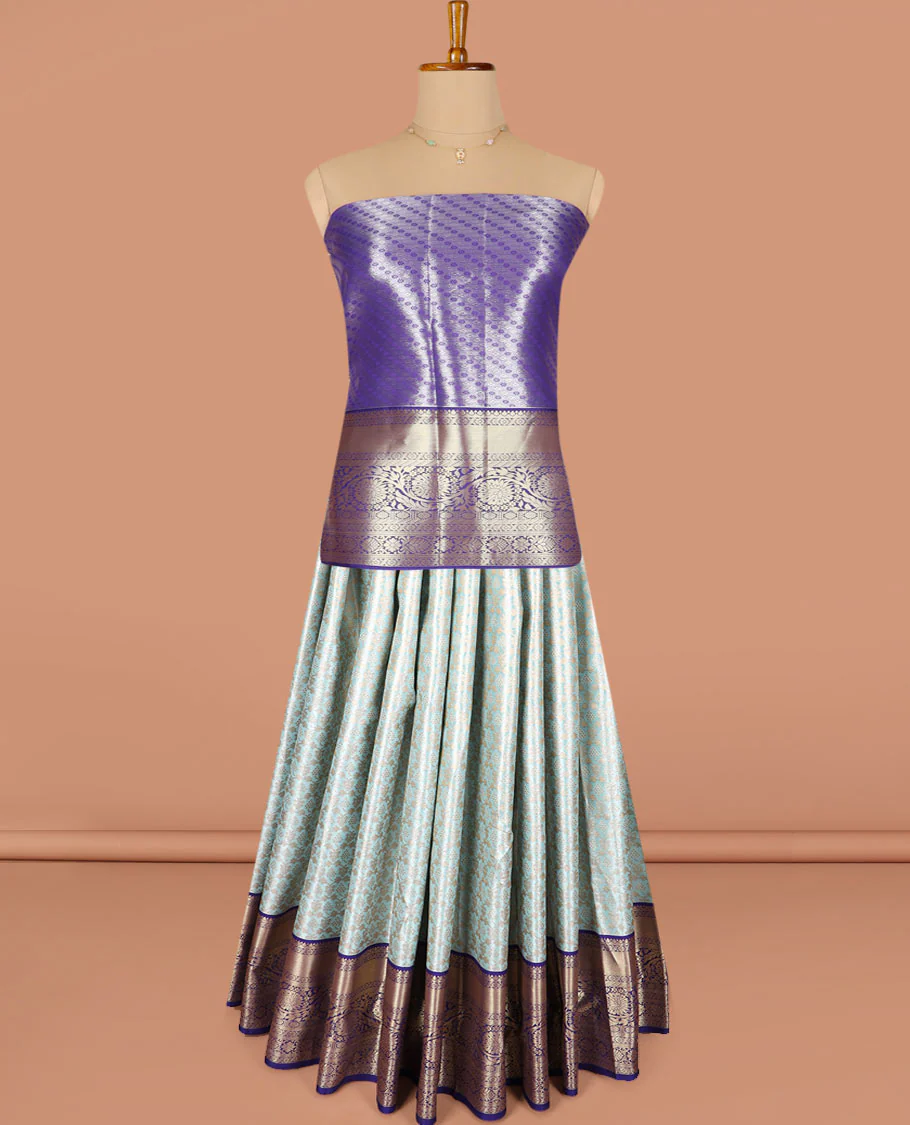Blue jacquard art silk half-saree, contrast traditional zari border skirt, contrast jacquard blouse, and a floral design woven dhavani - Image 2