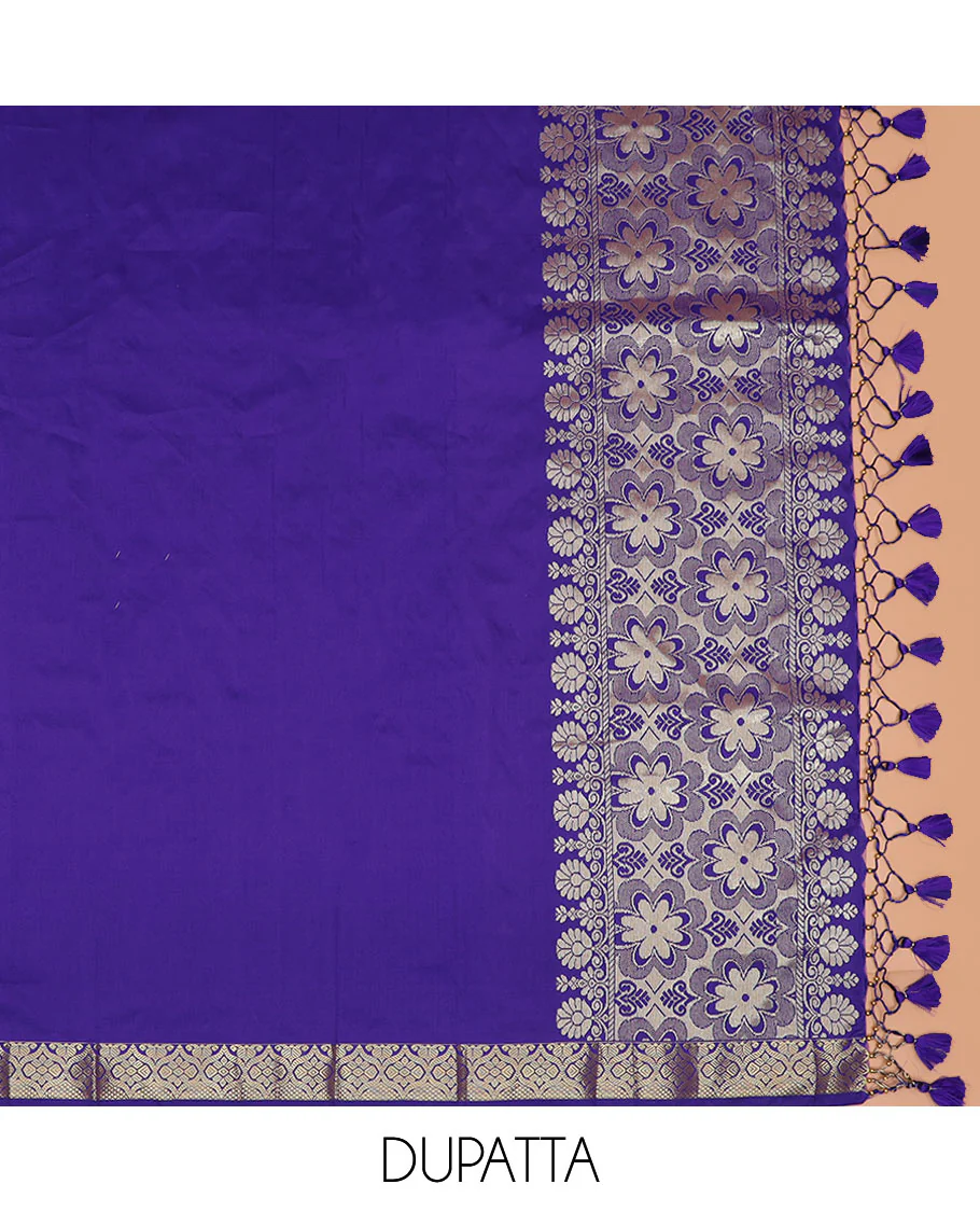 Blue jacquard art silk half-saree, contrast traditional zari border skirt, contrast jacquard blouse, and a floral design woven dhavani - Image 5