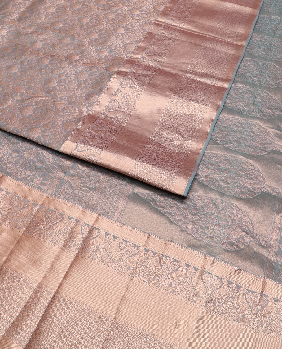 Grey jacquard Kanchipuram wedding silk saree, zari border of rekku, muthu, pakshi, and jaal designs, and intricate pallu - Image 2