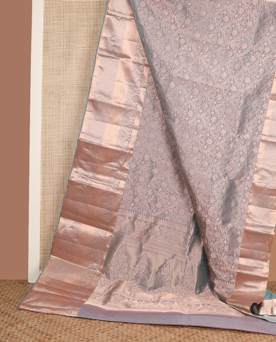 Grey jacquard Kanchipuram wedding silk saree, zari border of rekku, muthu, pakshi, and jaal designs, and intricate pallu - Image 3