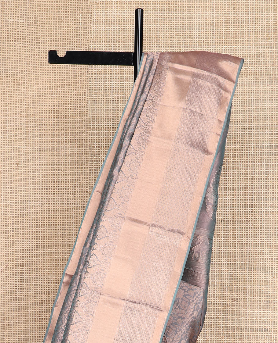 Grey jacquard Kanchipuram wedding silk saree, zari border of rekku, muthu, pakshi, and jaal designs, and intricate pallu - Image 4