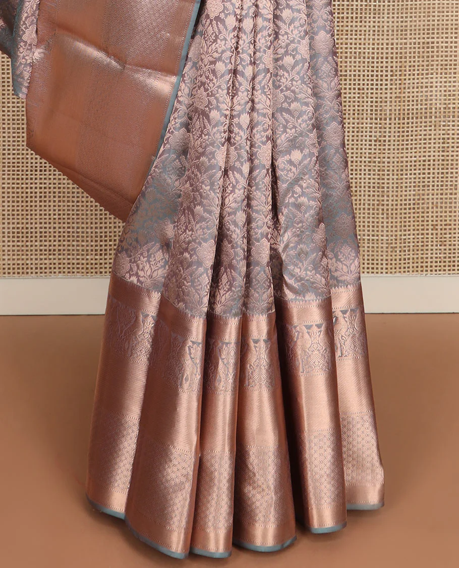 Grey jacquard Kanchipuram wedding silk saree, zari border of rekku, muthu, pakshi, and jaal designs, and intricate pallu - Image 5