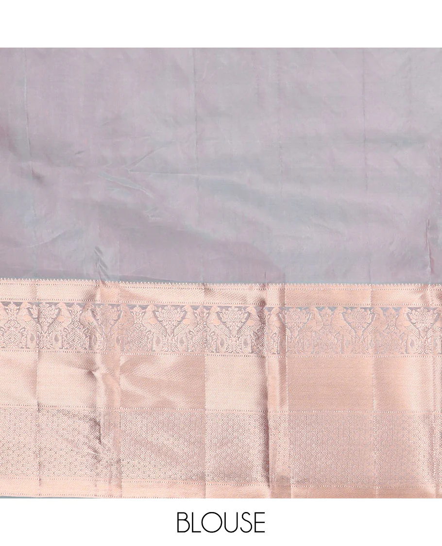 Grey jacquard Kanchipuram wedding silk saree, zari border of rekku, muthu, pakshi, and jaal designs, and intricate pallu - Image 6