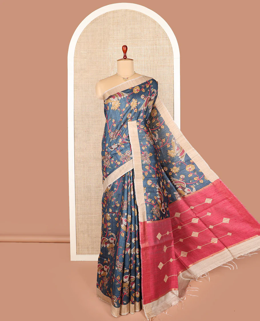 Grey kalamkari floral vine and peacock printed tussar saree, contrast border, and contrast pallu of diamond designs