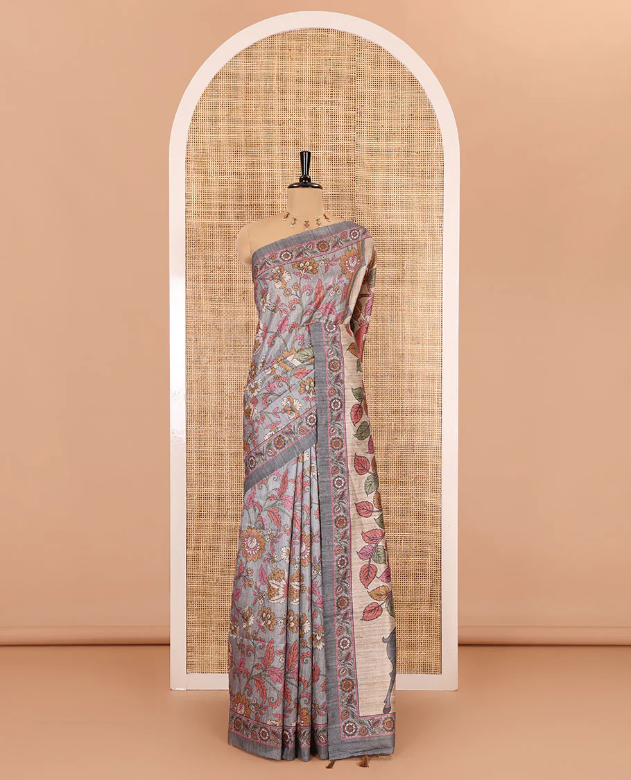 Grey kalamkari floral vine printed fancy tussar saree, floral printed border, Tree of life printed pallu, and a matching blouse - Image 2