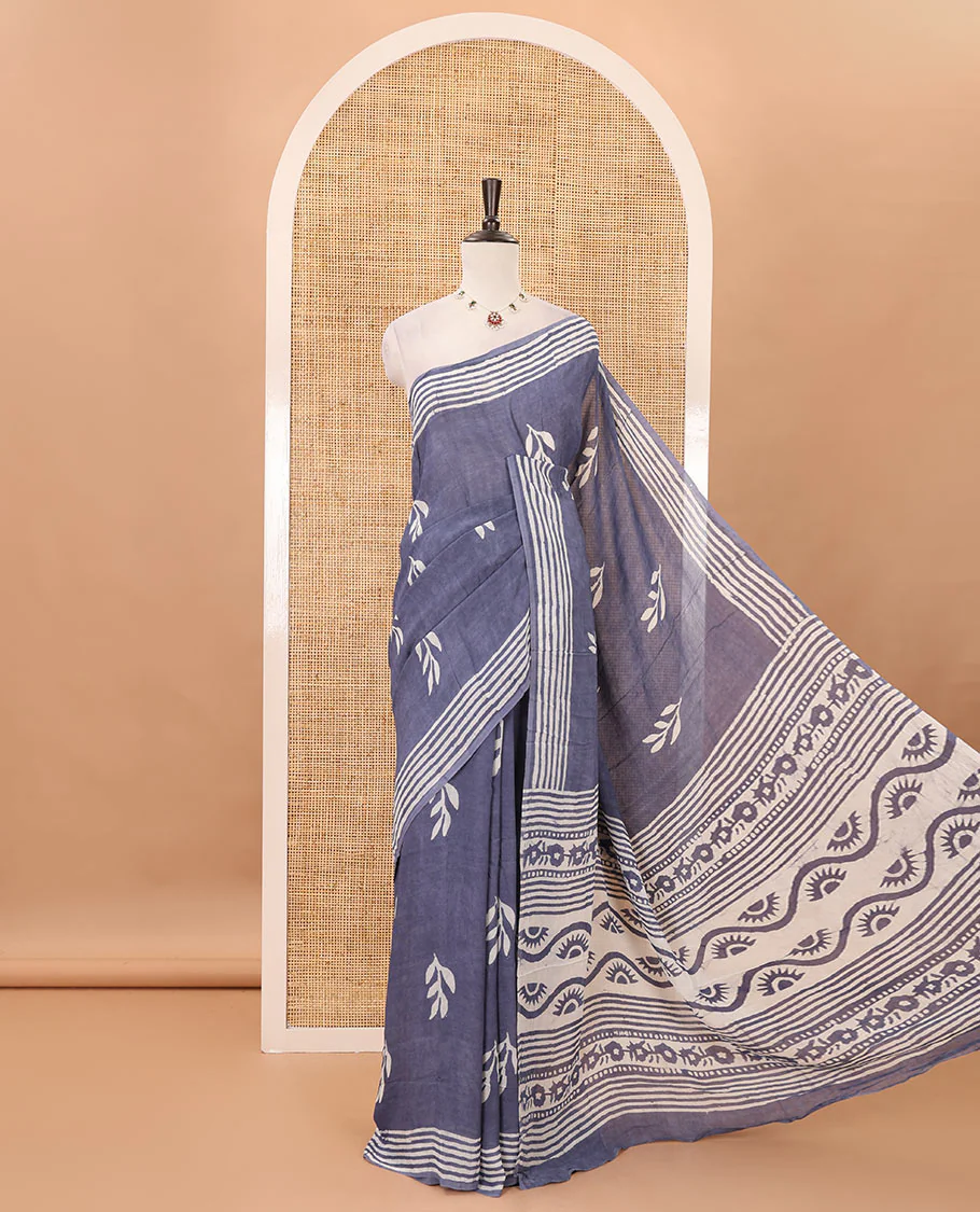 Grey leaf batik printed georgette saree, batik-printed striped border, floral-geometric batik printed pallu & batik printed blouse
