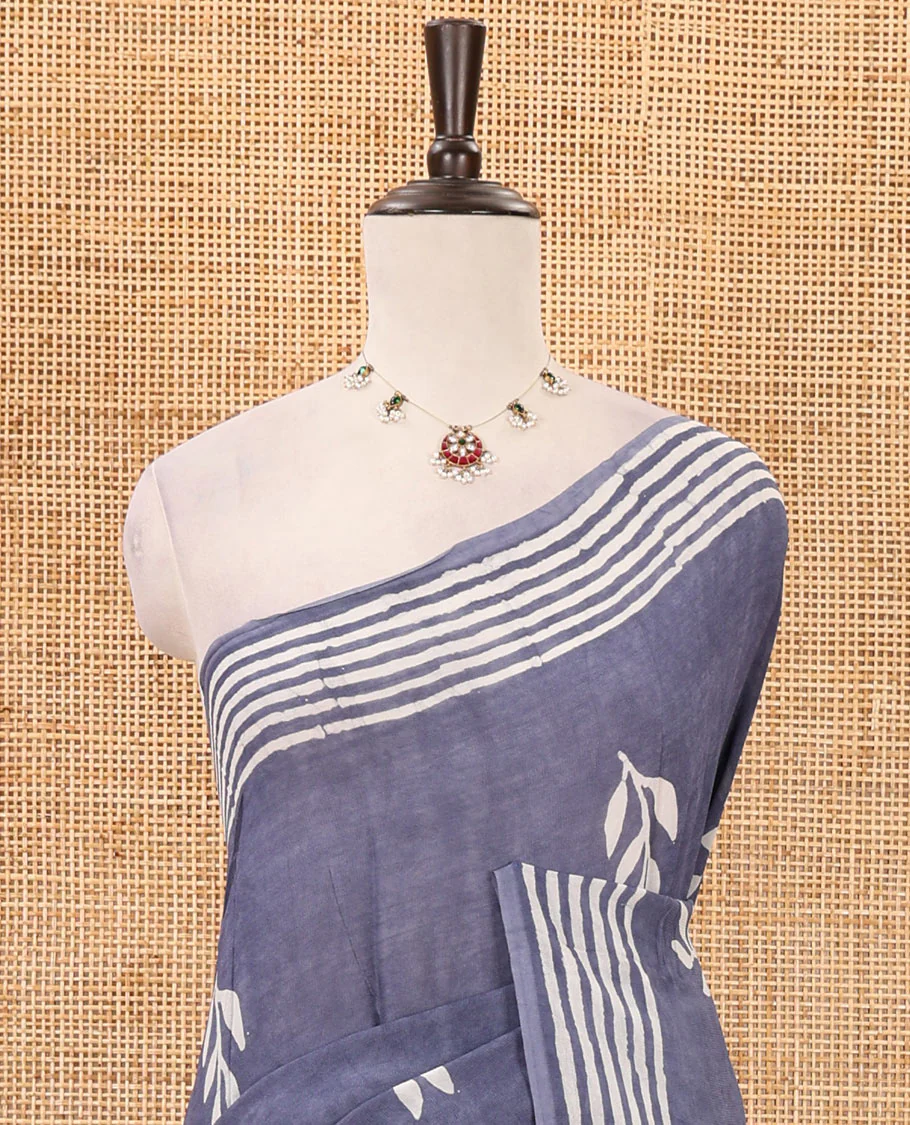 Grey leaf batik printed georgette saree, batik-printed striped border, floral-geometric batik printed pallu & batik printed blouse - Image 3
