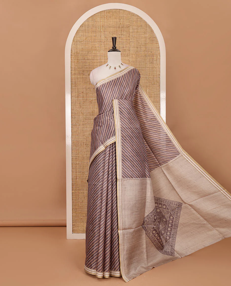 Grey lehariya-style striped semi-tussar saree, contrast resham thread triangle motifs border, diamond printed pallu & contrast printed blouse