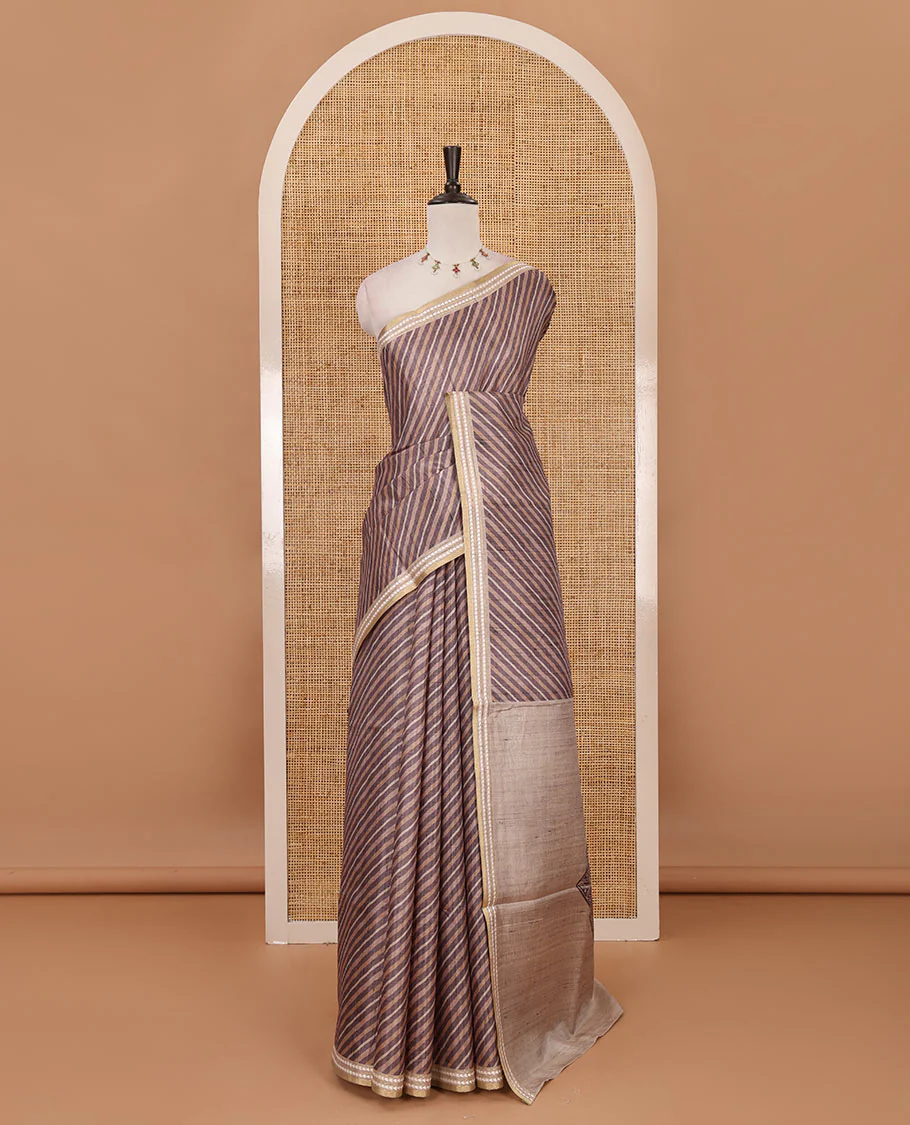 Grey lehariya-style striped semi-tussar saree, contrast resham thread triangle motifs border, diamond printed pallu & contrast printed blouse - Image 2