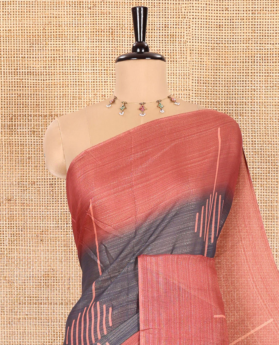 Grey Linen Saree Elegantly Printed with Geometric Patterns Across Its Body, Featuring a Captivating Contrast Border, Pallu Decked Up with Geometric Print, and Paired with a Contrast Blouse - Image 2
