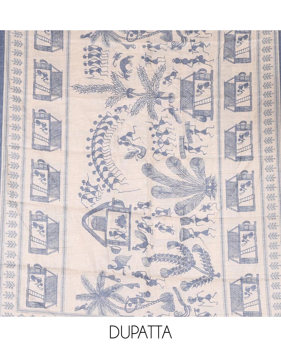 Blue material churidar set, warli tribe village theme print with mirror work semi-tussar top, plain bottom, and warli tribe village theme print semi-tussar dupatta - Image 2