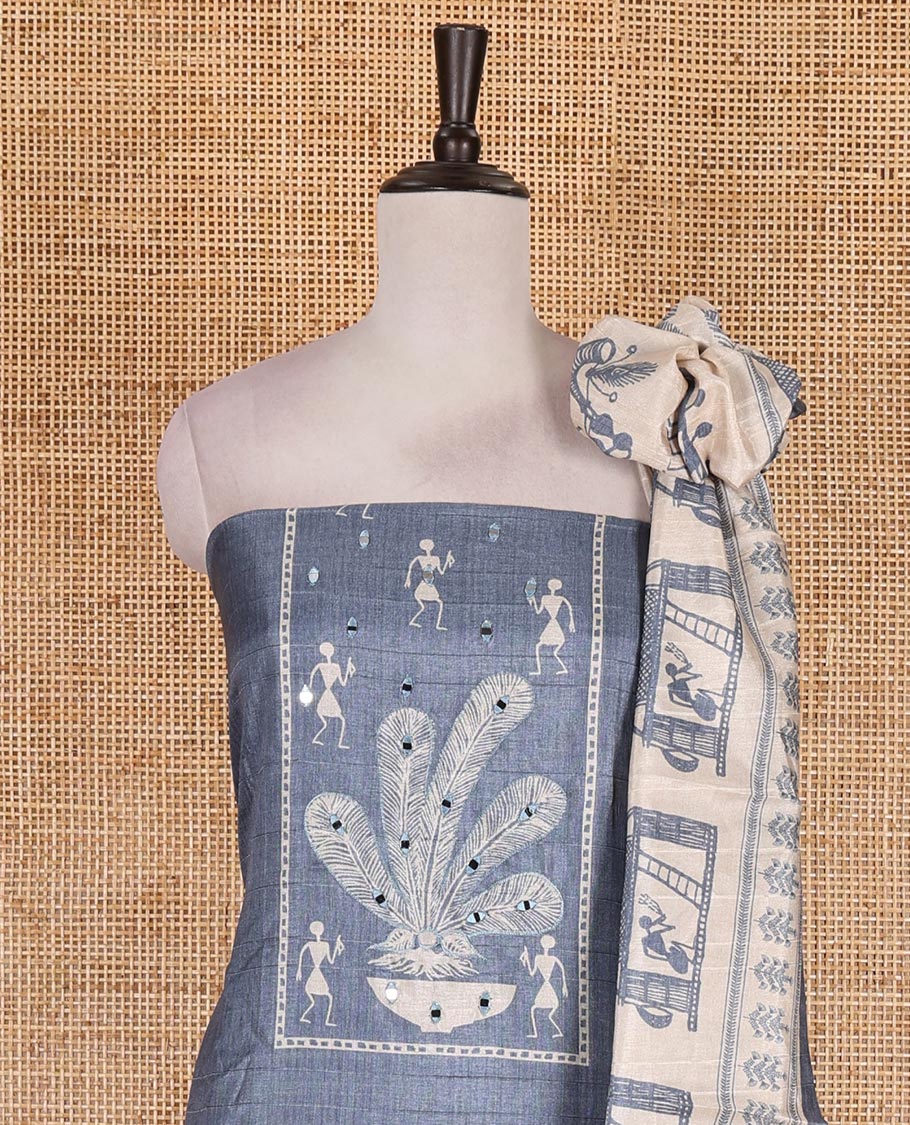 Blue material churidar set, warli tribe village theme print with mirror work semi-tussar top, plain bottom, and warli tribe village theme print semi-tussar dupatta - Image 3