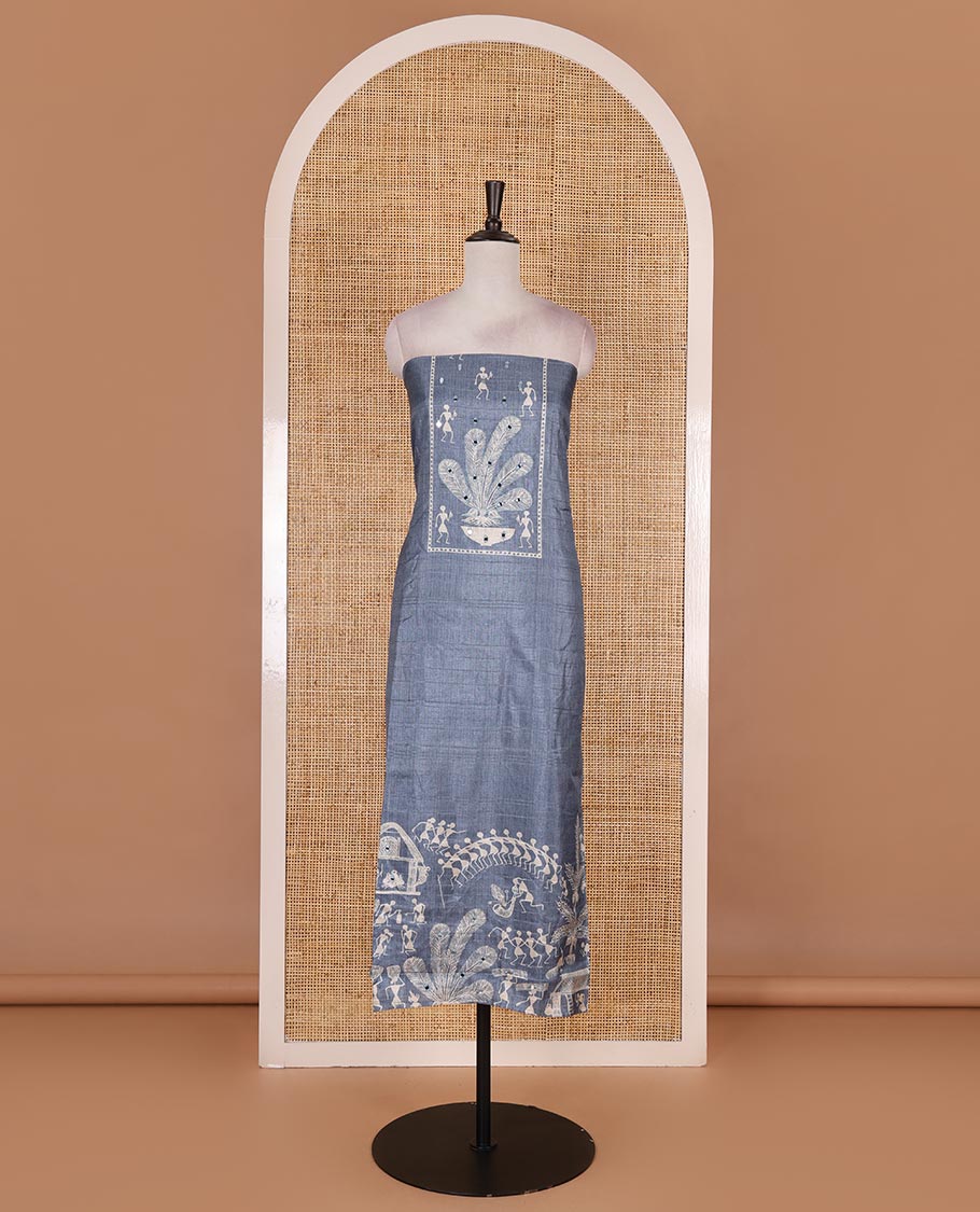 Blue material churidar set, warli tribe village theme print with mirror work semi-tussar top, plain bottom, and warli tribe village theme print semi-tussar dupatta - Image 4