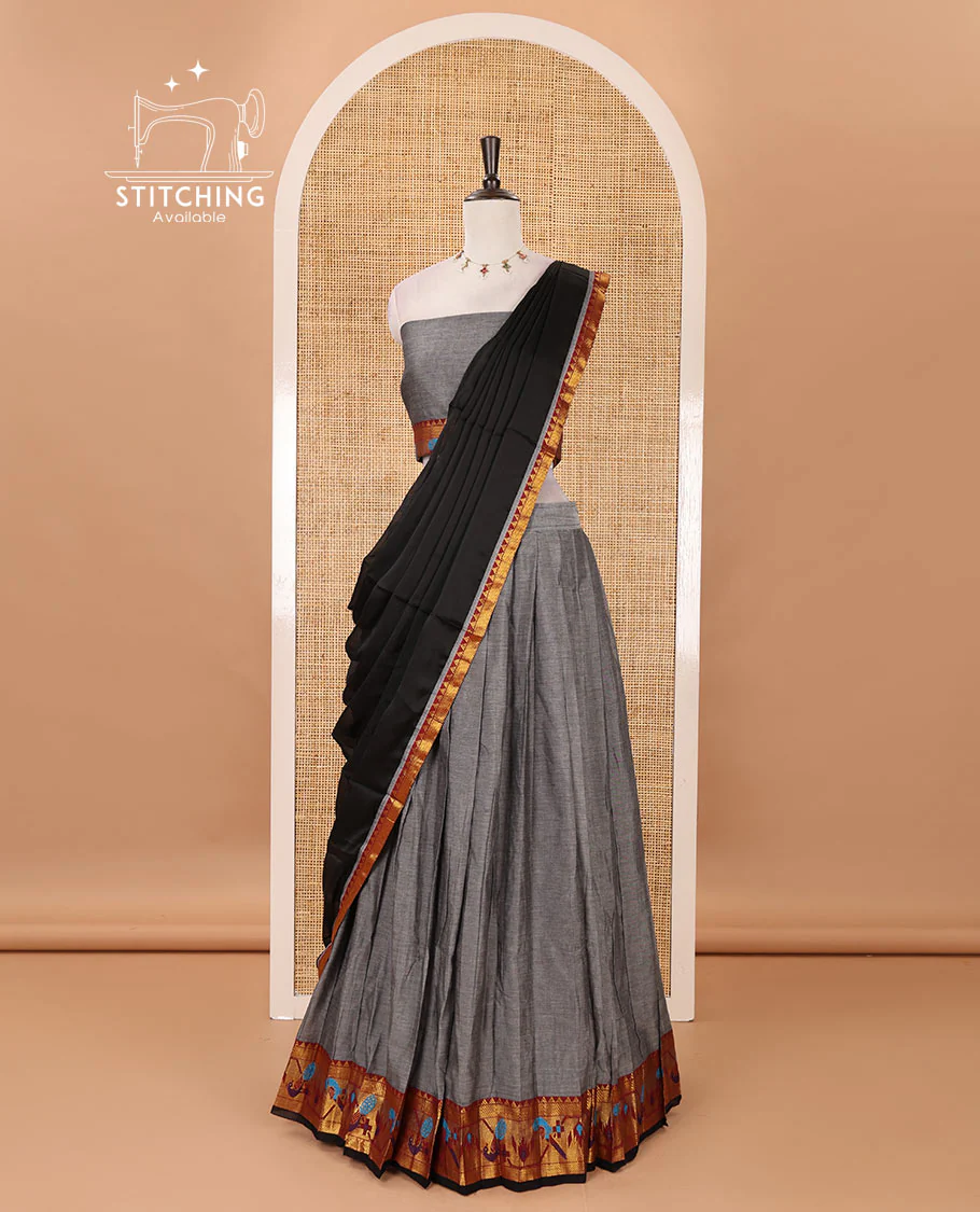 Grey mercerised cotton half-saree, plain & contrast paithani peacock border skirt, matching blouse & contrast plain zari border dhavani - Image 3
