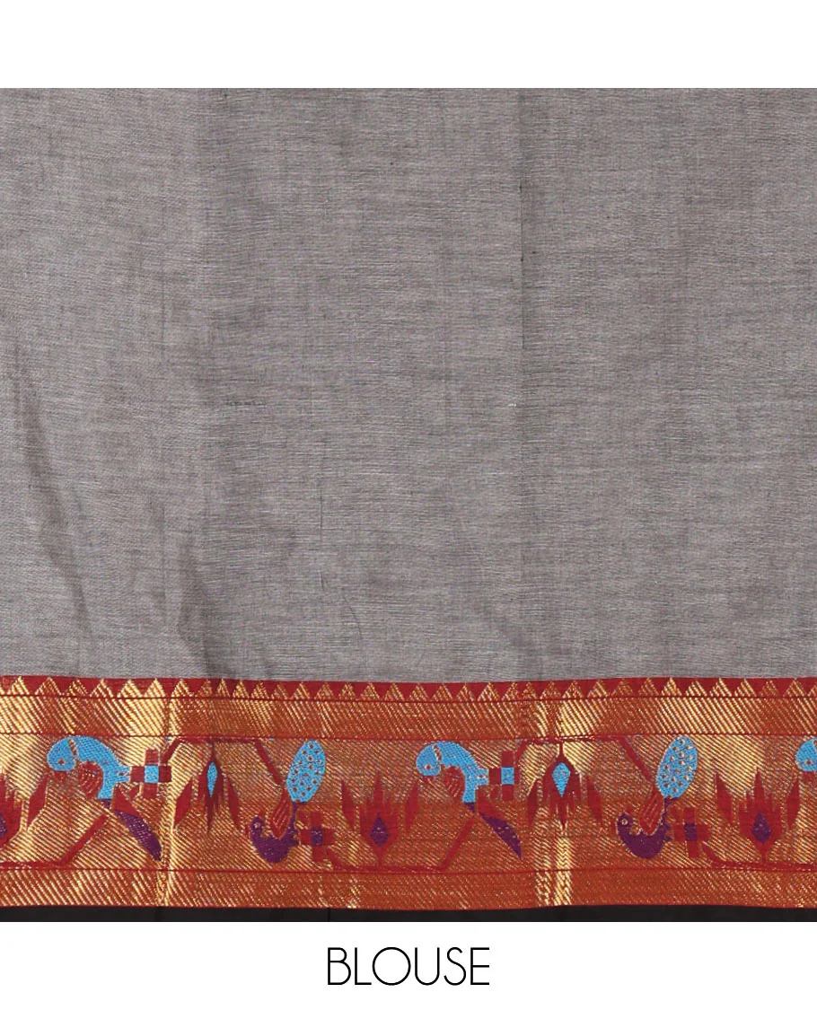 Grey mercerised cotton half-saree, plain & contrast paithani peacock border skirt, matching blouse & contrast plain zari border dhavani - Image 4