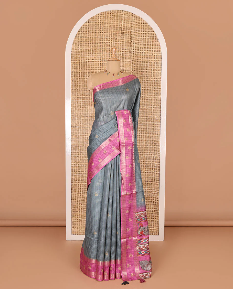Grey micro-checked and swan motifs katan silk saree, contrast traditional zari border of swan motifs, printed pallu, and contrast buttas blouse - Image 2