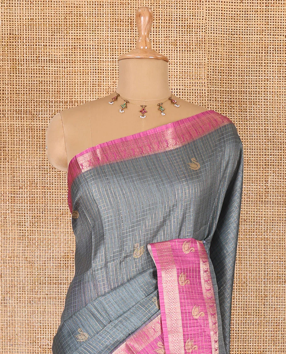 Grey micro-checked and swan motifs katan silk saree, contrast traditional zari border of swan motifs, printed pallu, and contrast buttas blouse - Image 3