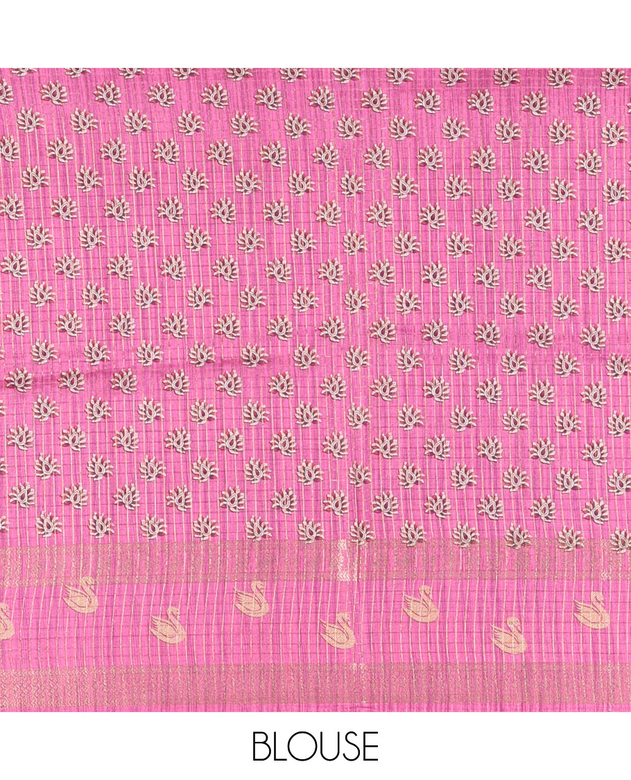 Grey micro-checked and swan motifs katan silk saree, contrast traditional zari border of swan motifs, printed pallu, and contrast buttas blouse - Image 4