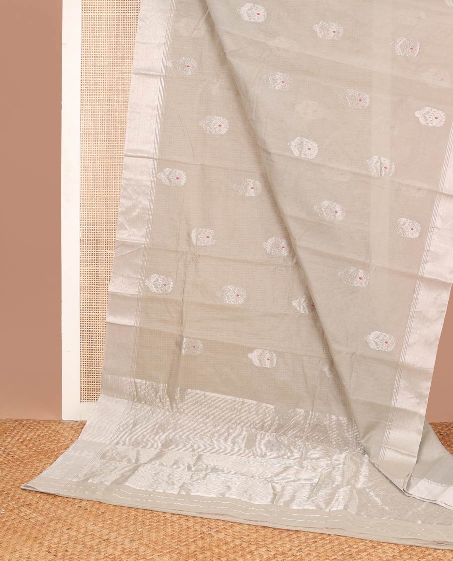 Grey motifs chanderi cotton saree with contrast border & striped pallu - Image 2