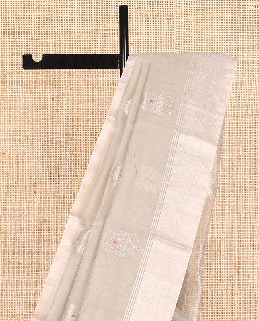 Grey motifs chanderi cotton saree with contrast border & striped pallu - Image 3