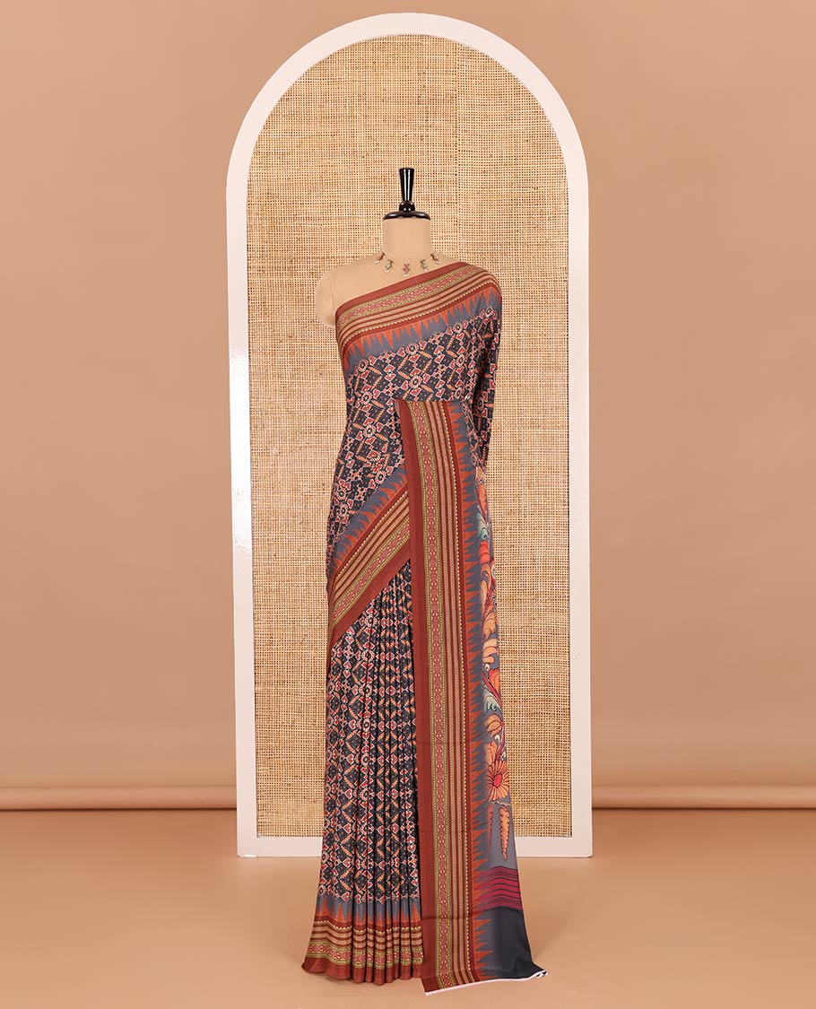 Grey patola style geometric printed Italian Crepe saree, contrast temple ikkat printed border, Kalamkari printed pallu, and a printed bordered blouse - Image 2