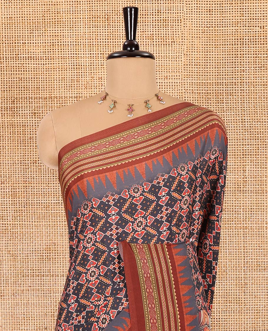 Grey patola style geometric printed Italian Crepe saree, contrast temple ikkat printed border, Kalamkari printed pallu, and a printed bordered blouse - Image 3