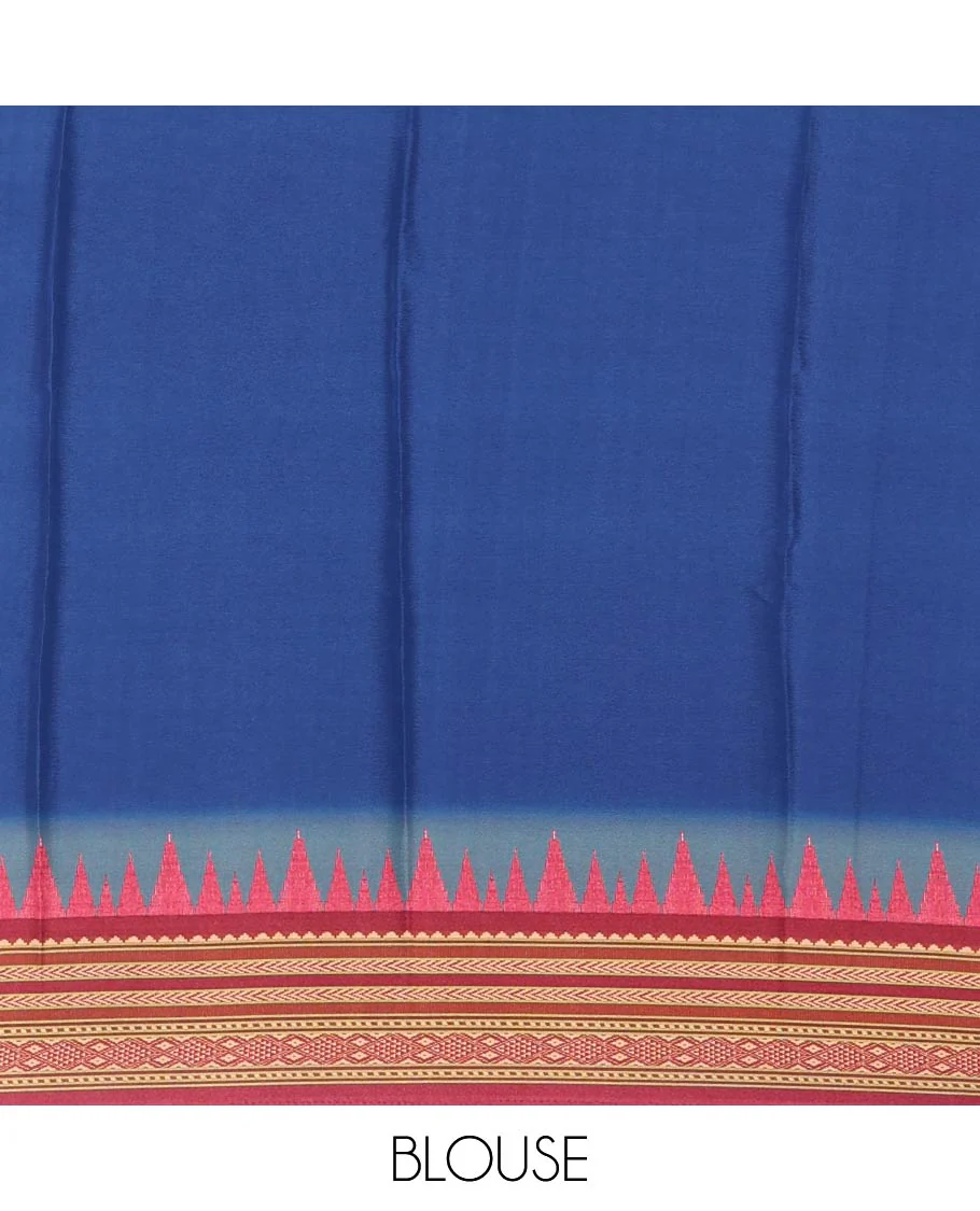 Grey patola style geometric printed Italian Crepe saree, contrast temple ikkat printed border, Kalamkari printed pallu, and a printed bordered blouse - Image 4