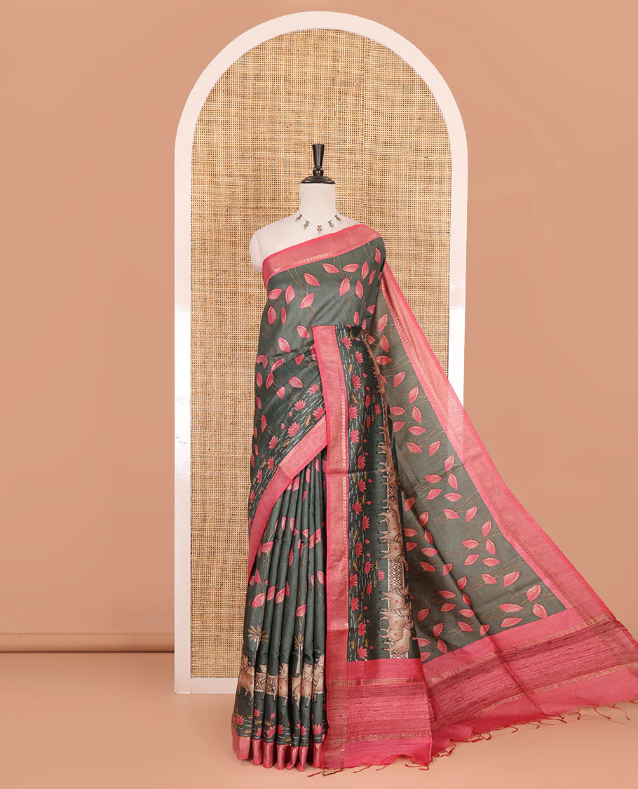 Grey Pichwai lotus floral vine and cow motifs printed tussar silk saree, contrast zari border, and striped pallu